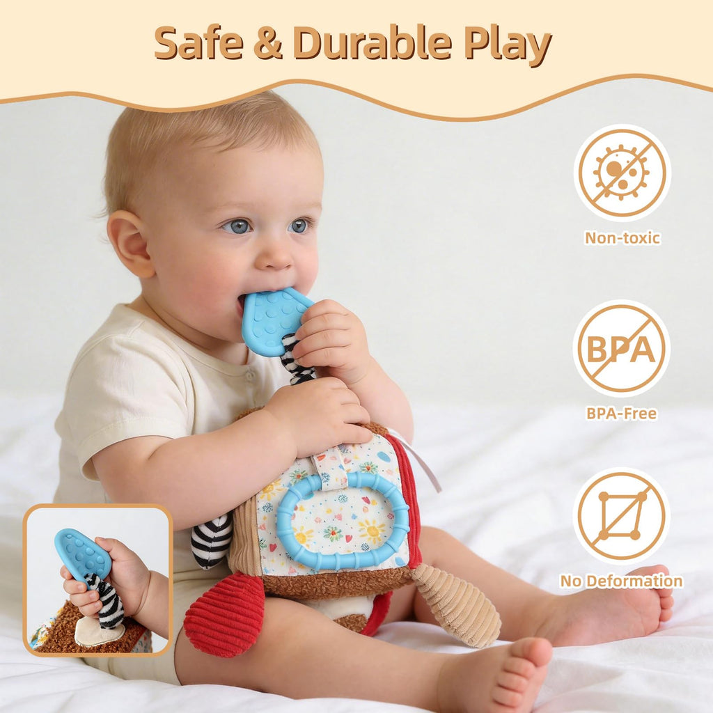 littlove Car Seat Toy: Hanging Dog Cube with Rattle, Teether & Mirror for 0-12 Months