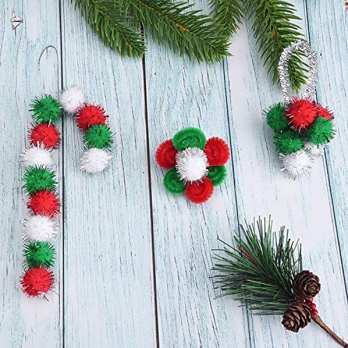 Livder Christmas Pom Poms – 900 Pieces of Red, White & Green Glitter Fluffy Balls in 4 Sizes for DIY Crafts and Decorations