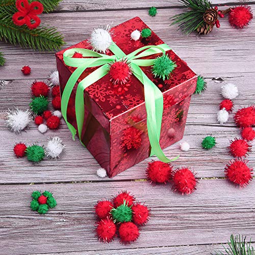 Livder Christmas Pom Poms – 900 Pieces of Red, White & Green Glitter Fluffy Balls in 4 Sizes for DIY Crafts and Decorations