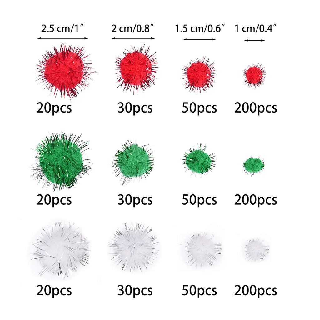 Livder Christmas Pom Poms – 900 Pieces of Red, White & Green Glitter Fluffy Balls in 4 Sizes for DIY Crafts and Decorations