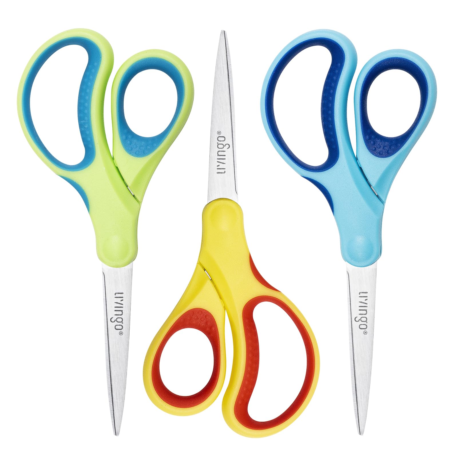LIVINGO Student Scissors 7 Inch 3 Pack - Pointed Tip, Right/Left Handed, Blue Green Yellow