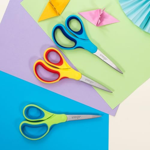 LIVINGO Student Scissors 7 Inch 3 Pack - Pointed Tip, Right/Left Handed, Blue Green Yellow