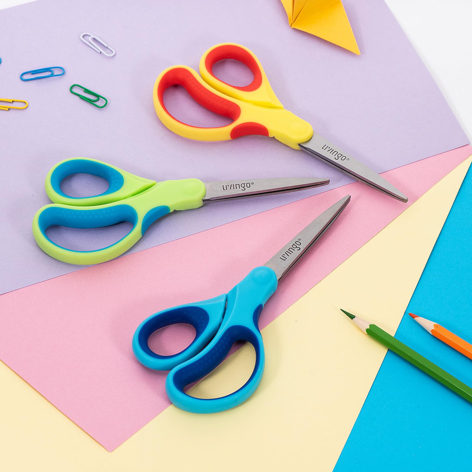LIVINGO Student Scissors 7 Inch 3 Pack - Pointed Tip, Right/Left Handed, Blue Green Yellow