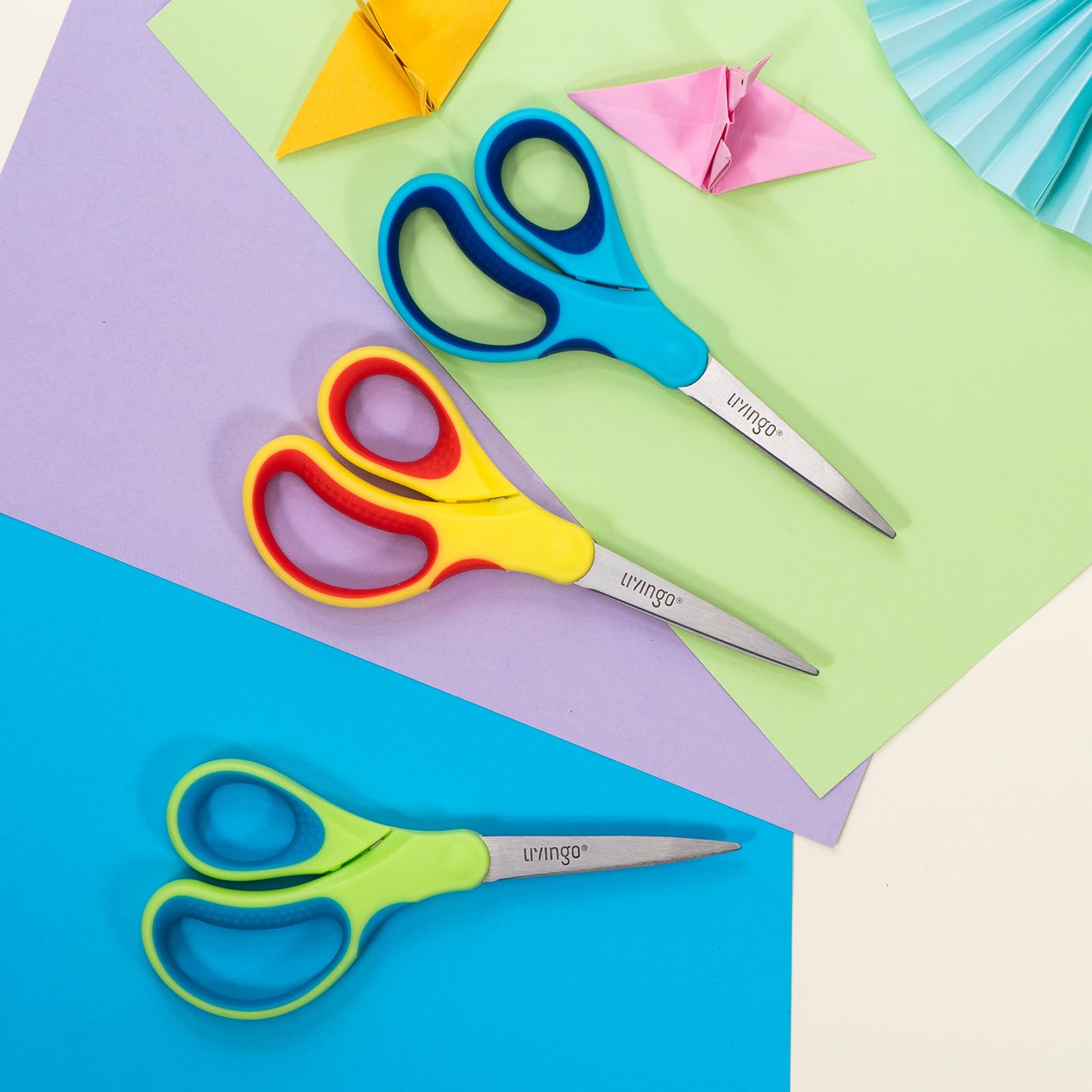 LIVINGO Student Scissors 7 Inch 3 Pack - Pointed Tip, Right/Left Handed, Blue Green Yellow
