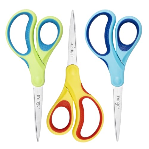 LIVINGO Student Scissors 7 Inch 3 Pack - Pointed Tip, Right/Left Handed, Blue Green Yellow