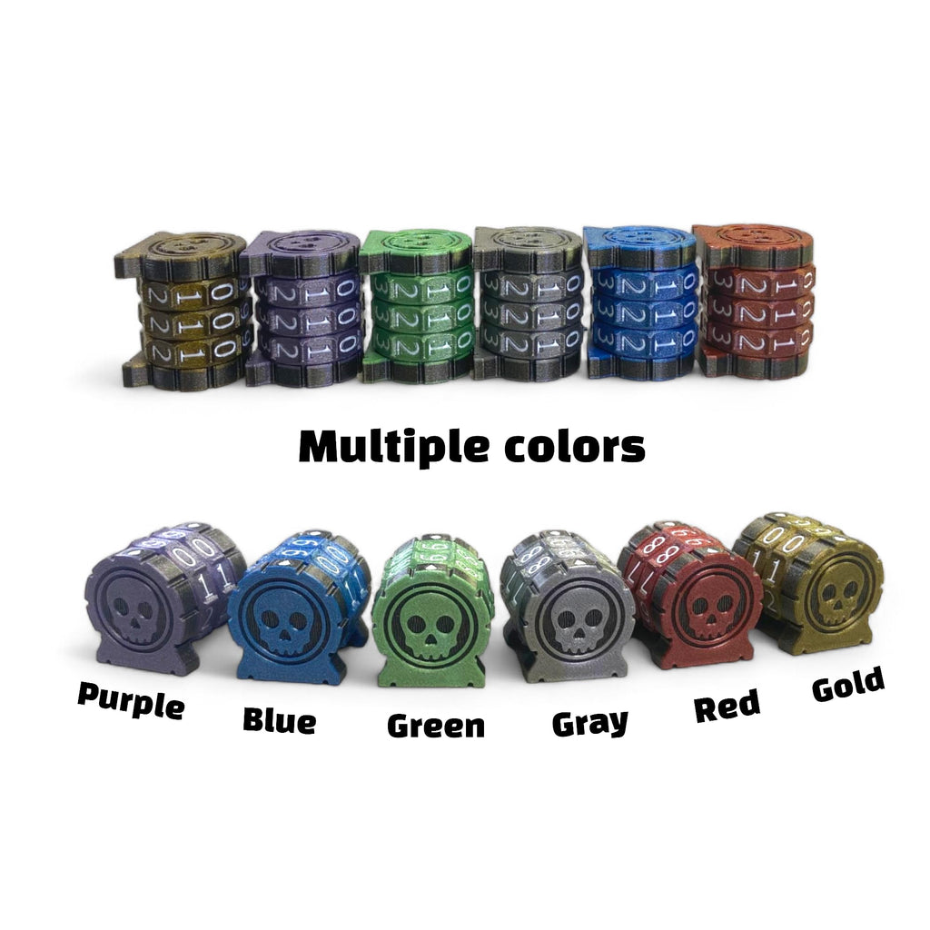 Lixusia Life Counter Health Tracker – Two Gray Wheels with White Numbers, Skull Symbol, for MTG and TTRPGs