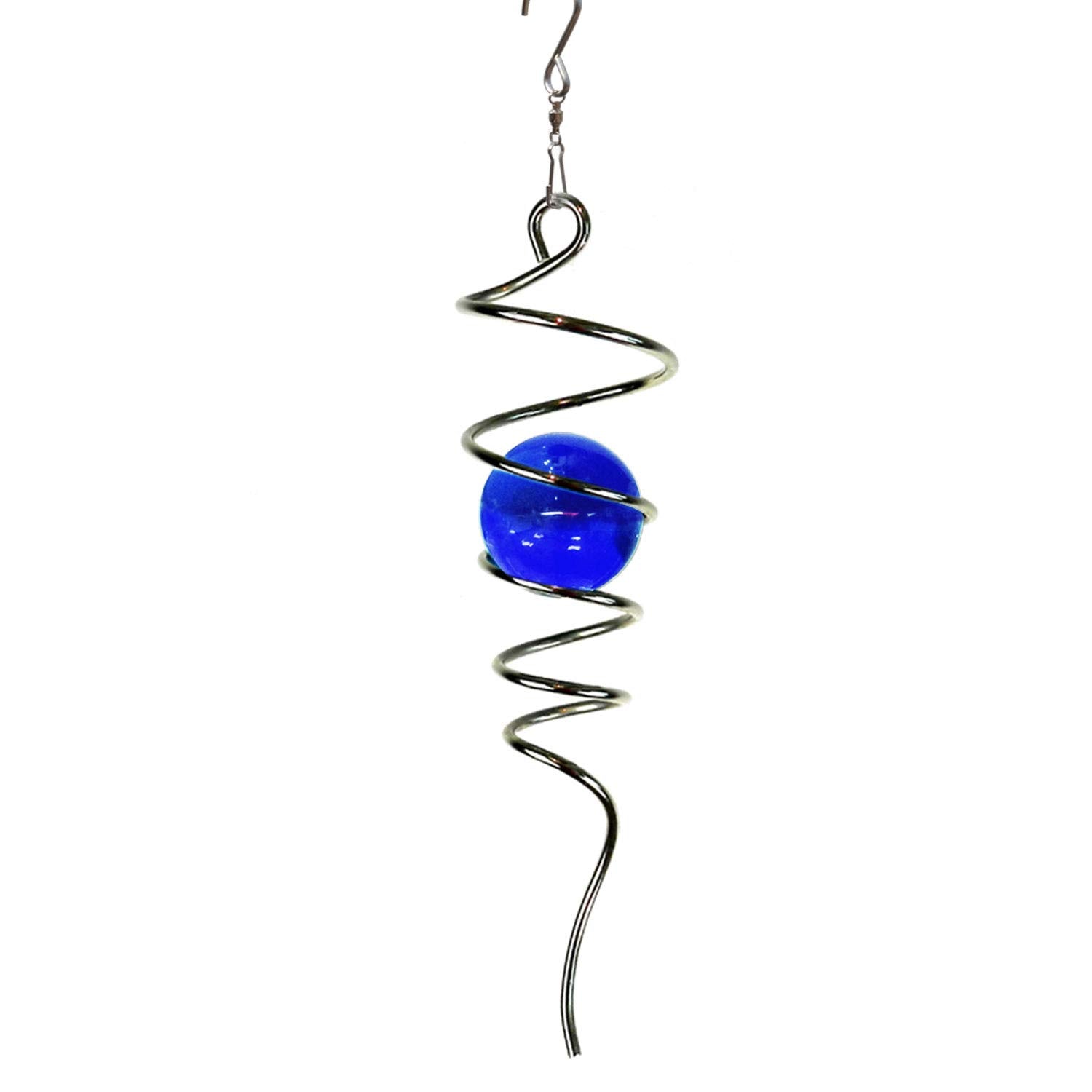 LJLIFART 13-Inch Blue Glass Gazing Ball Wind Spinner with Stainless Steel Spiral Tail – Hanging Decor for Garden, Patio, or Indoor Use