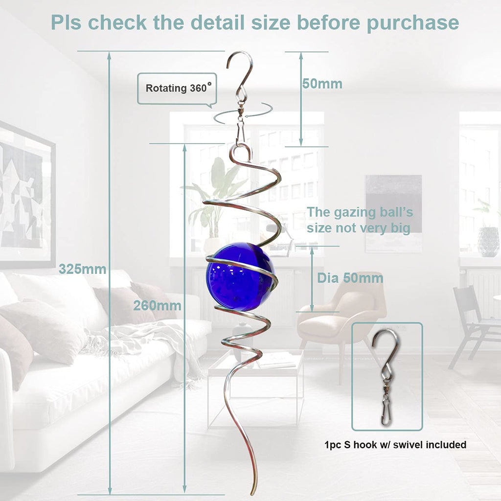 LJLIFART 13-Inch Blue Glass Gazing Ball Wind Spinner with Stainless Steel Spiral Tail – Hanging Decor for Garden, Patio, or Indoor Use