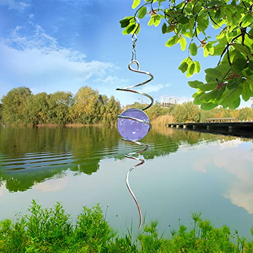 LJLIFART 13-Inch Purple Glass Gazing Ball Wind Spinner with Stainless Steel Spiral Tail