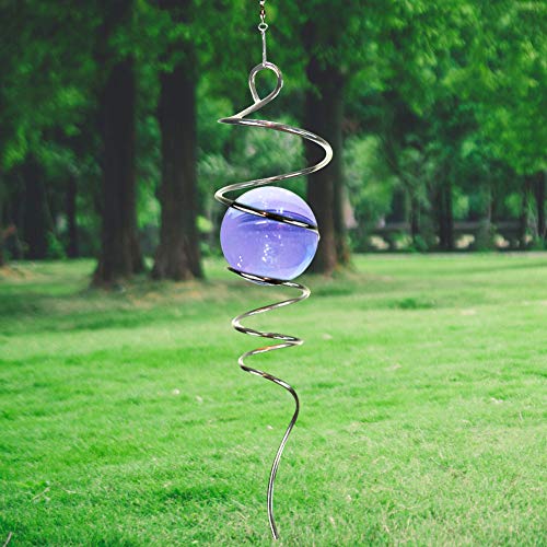 LJLIFART 13-Inch Purple Glass Gazing Ball Wind Spinner with Stainless Steel Spiral Tail