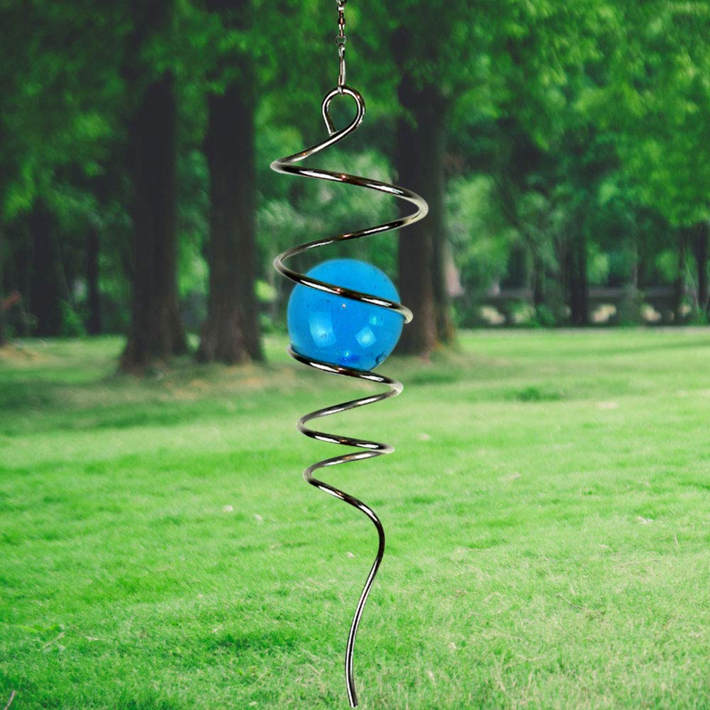 LJLIFART 13 Inch Spiral Wind Spinner with Swivel Hook & Peacock Blue Glass Ball for Garden Decor