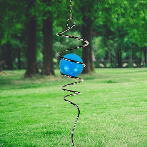 LJLIFART 13 Inch Spiral Wind Spinner with Swivel Hook & Peacock Blue Glass Ball for Garden Decor