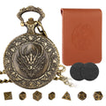 LKKCHER DESIGN Steampunk Dragon Head Pocket Watch Dice Set – 7 Polyhedral DND Dice with Leather Bag