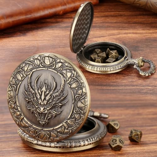 LKKCHER DESIGN Steampunk Dragon Head Pocket Watch Dice Set – 7 Polyhedral DND Dice with Leather Bag
