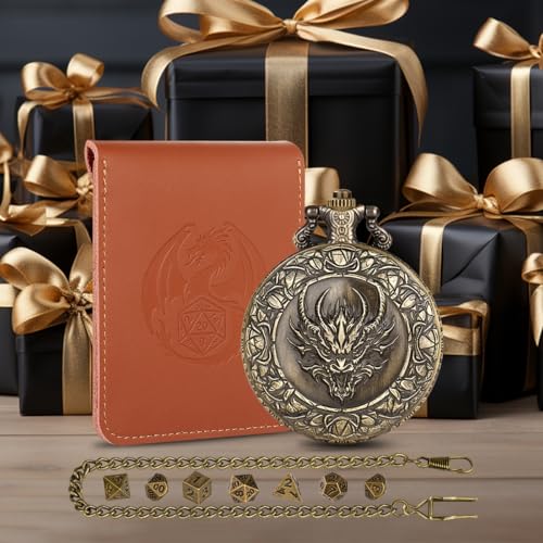 LKKCHER DESIGN Steampunk Dragon Head Pocket Watch Dice Set – 7 Polyhedral DND Dice with Leather Bag