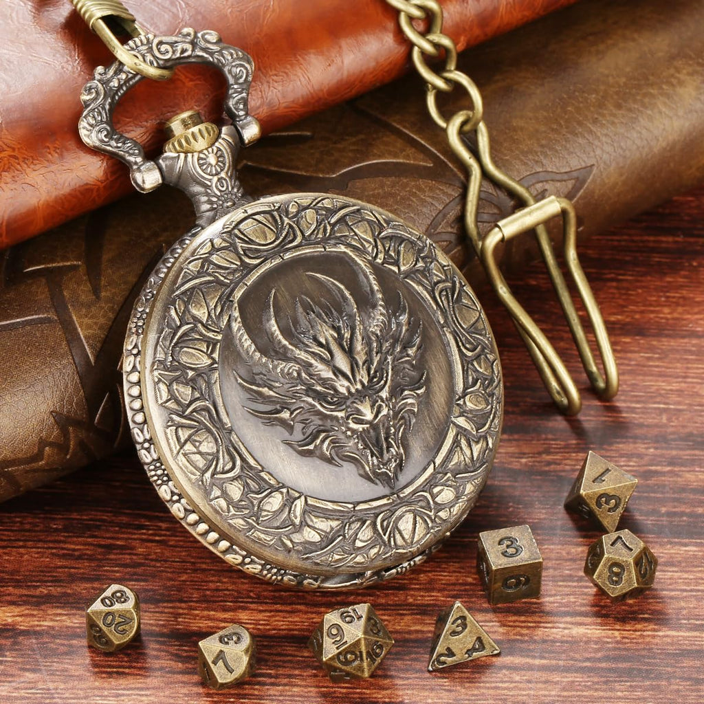 LKKCHER DESIGN Steampunk Dragon Head Pocket Watch Dice Set – 7 Polyhedral DND Dice with Leather Bag