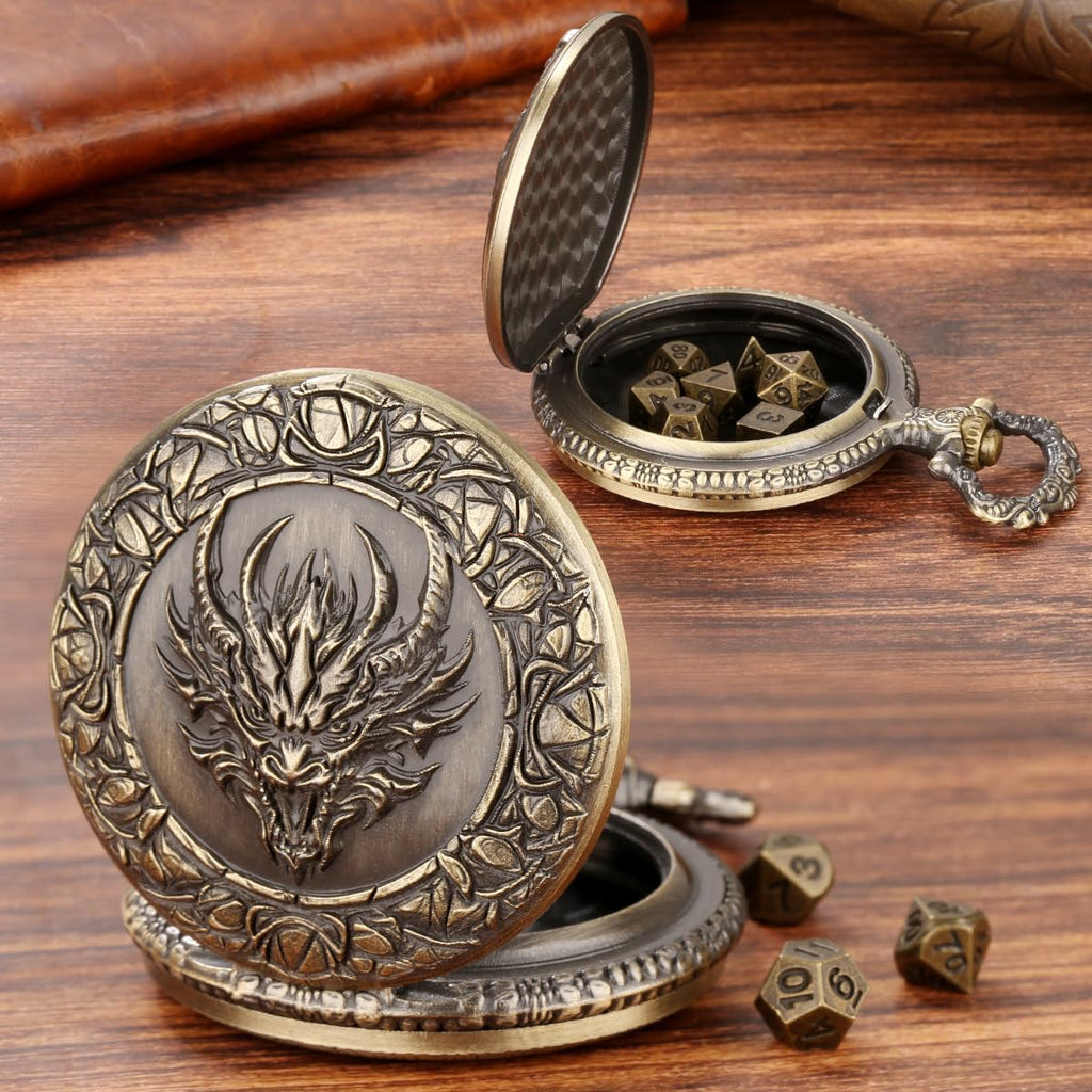 LKKCHER DESIGN Steampunk Dragon Head Pocket Watch Dice Set – 7 Polyhedral DND Dice with Leather Bag
