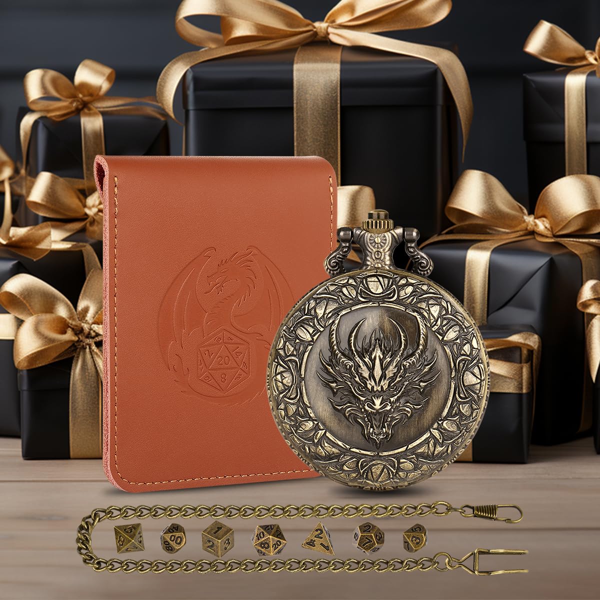 LKKCHER DESIGN Steampunk Dragon Head Pocket Watch Dice Set – 7 Polyhedral DND Dice with Leather Bag