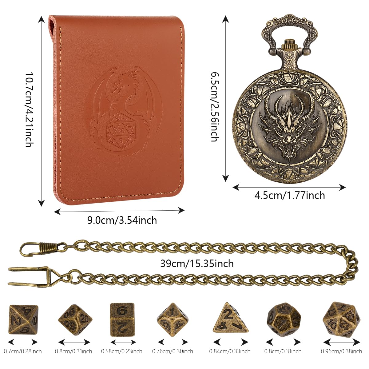 LKKCHER DESIGN Steampunk Dragon Head Pocket Watch Dice Set – 7 Polyhedral DND Dice with Leather Bag