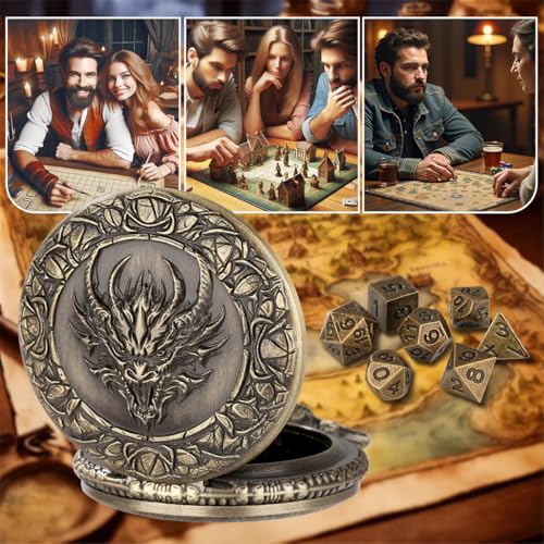 LKKCHER DESIGN Steampunk Dragon Head Pocket Watch Dice Set – 7 Polyhedral DND Dice with Leather Bag
