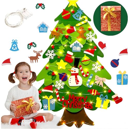 LNV 3ft DIY Felt Christmas Tree Set - 32 Ornaments & LED Lights, Gift Ready for Toddlers