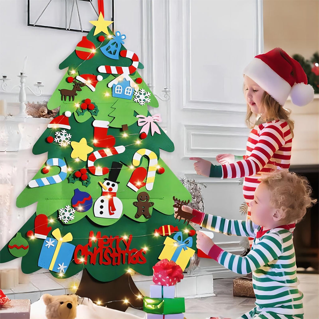 LNV 3ft DIY Felt Christmas Tree Set - 32 Ornaments & LED Lights, Gift Ready for Toddlers