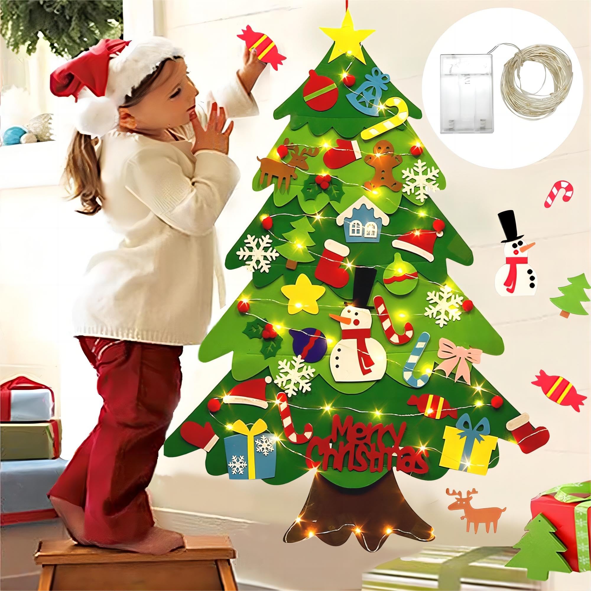 LNV 3ft DIY Felt Christmas Tree Set - 32 Ornaments & LED Lights, Gift Ready for Toddlers
