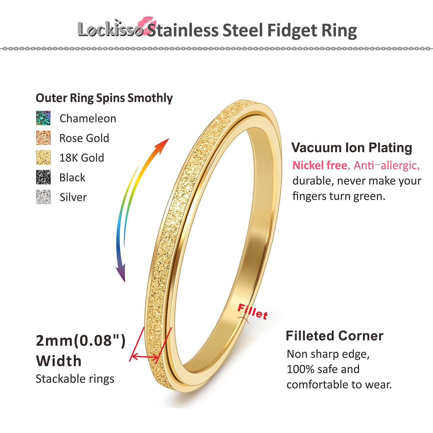 LOCKISSO Stainless Steel Fidget Spinner Rings – Set of 5 Stackable 2mm Anxiety Rings for Women and Kids with Velvet Bag
