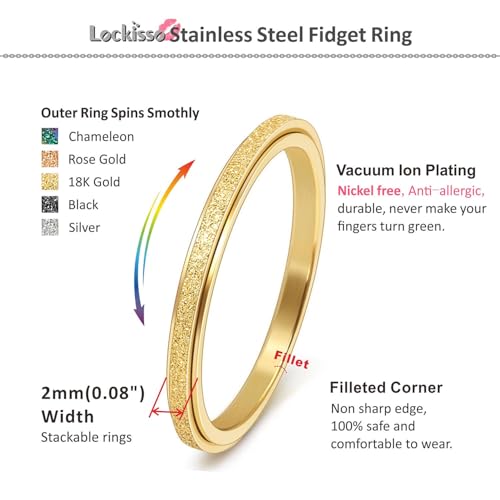 LOCKISSO Stainless Steel Fidget Spinner Rings – Set of 5 Stackable 2mm Anxiety Rings for Women and Kids with Velvet Bag