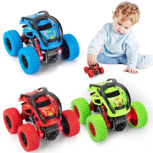 LODBY Monster Trucks 3-Pack: Push and Go Stunt Cars for Boys Ages 2-6, Battery-Free Flip Truck Toys
