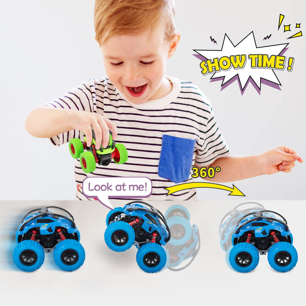 LODBY Monster Trucks 3-Pack: Push and Go Stunt Cars for Boys Ages 2-6, Battery-Free Flip Truck Toys