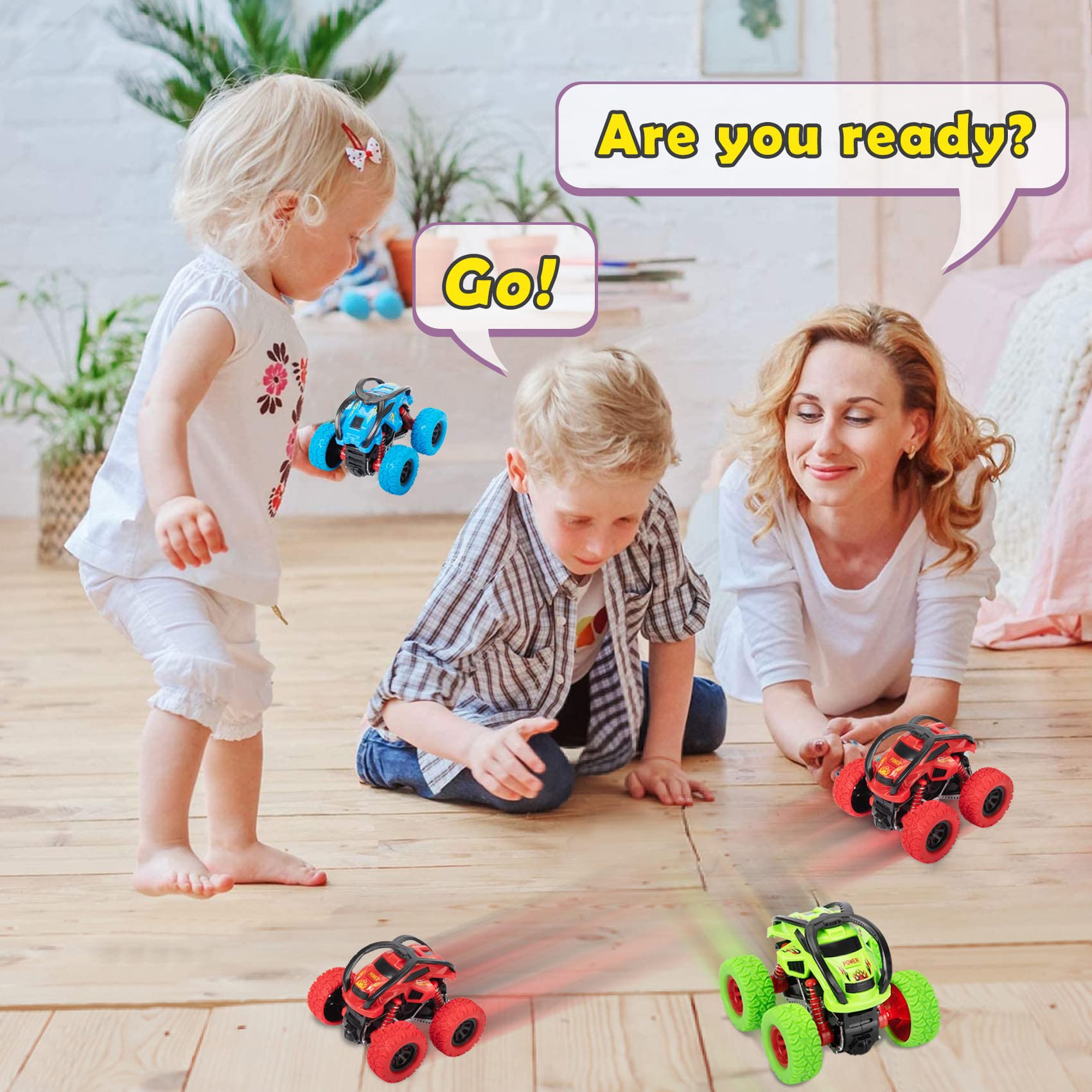 LODBY Monster Trucks 3-Pack: Push and Go Stunt Cars for Boys Ages 2-6, Battery-Free Flip Truck Toys