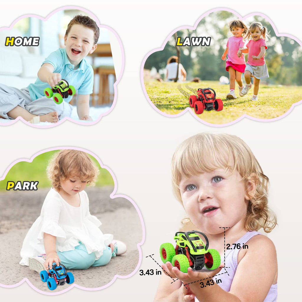 LODBY Monster Trucks 3-Pack: Push and Go Stunt Cars for Boys Ages 2-6, Battery-Free Flip Truck Toys