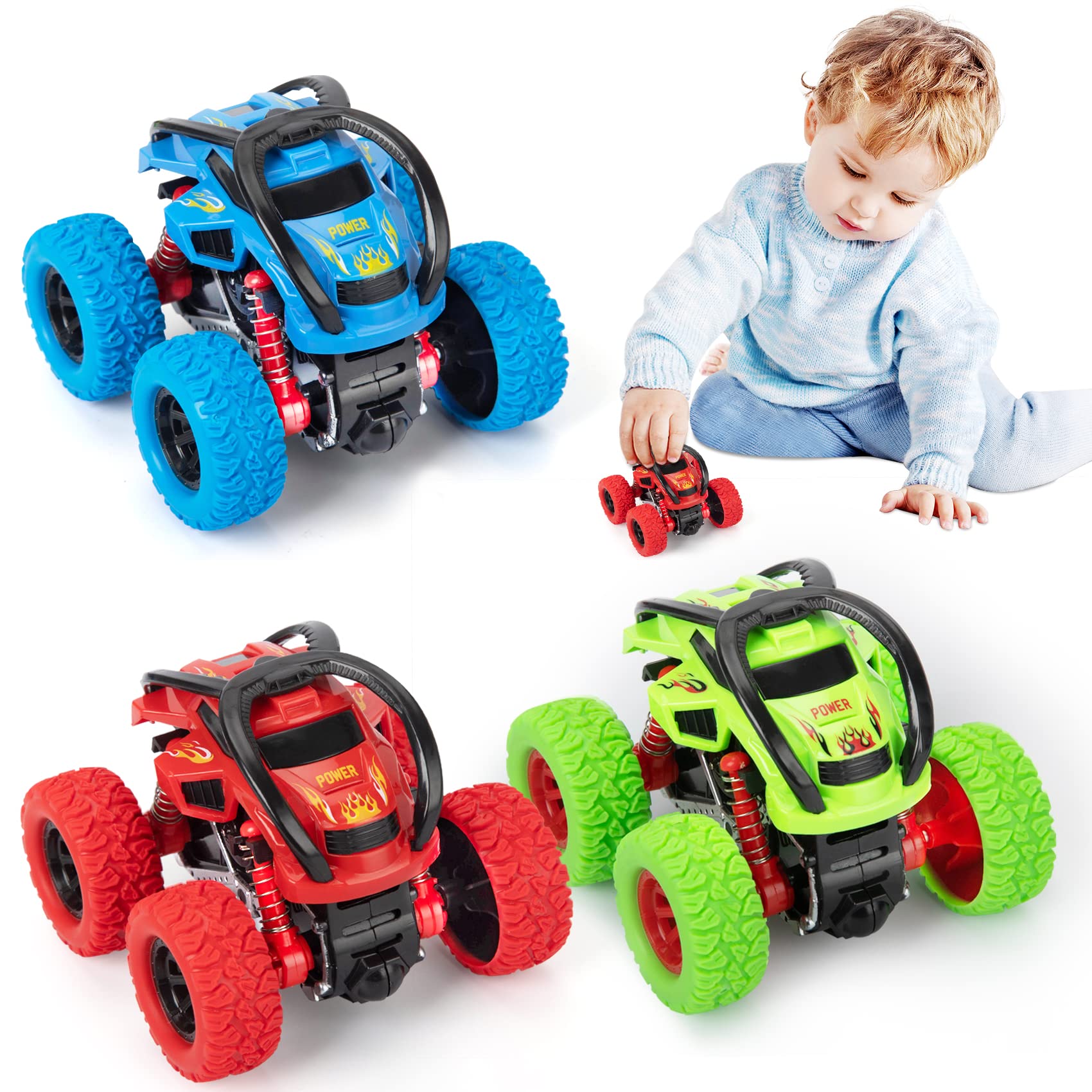 LODBY Monster Trucks 3-Pack: Push and Go Stunt Cars for Boys Ages 2-6, Battery-Free Flip Truck Toys