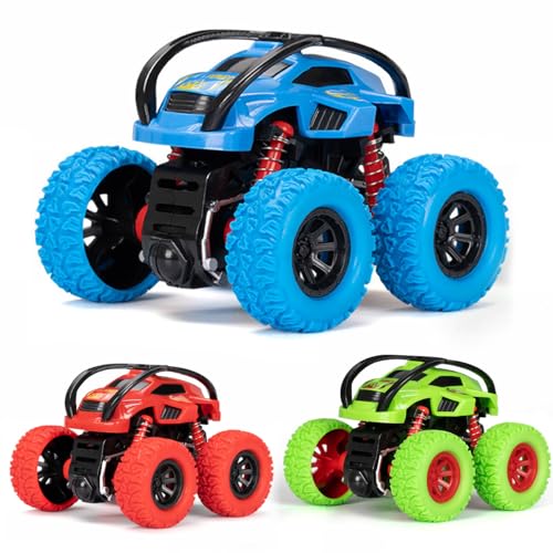 LODBY Monster Trucks 3-Pack: Push and Go Stunt Cars for Boys Ages 2-6, Battery-Free Flip Truck Toys
