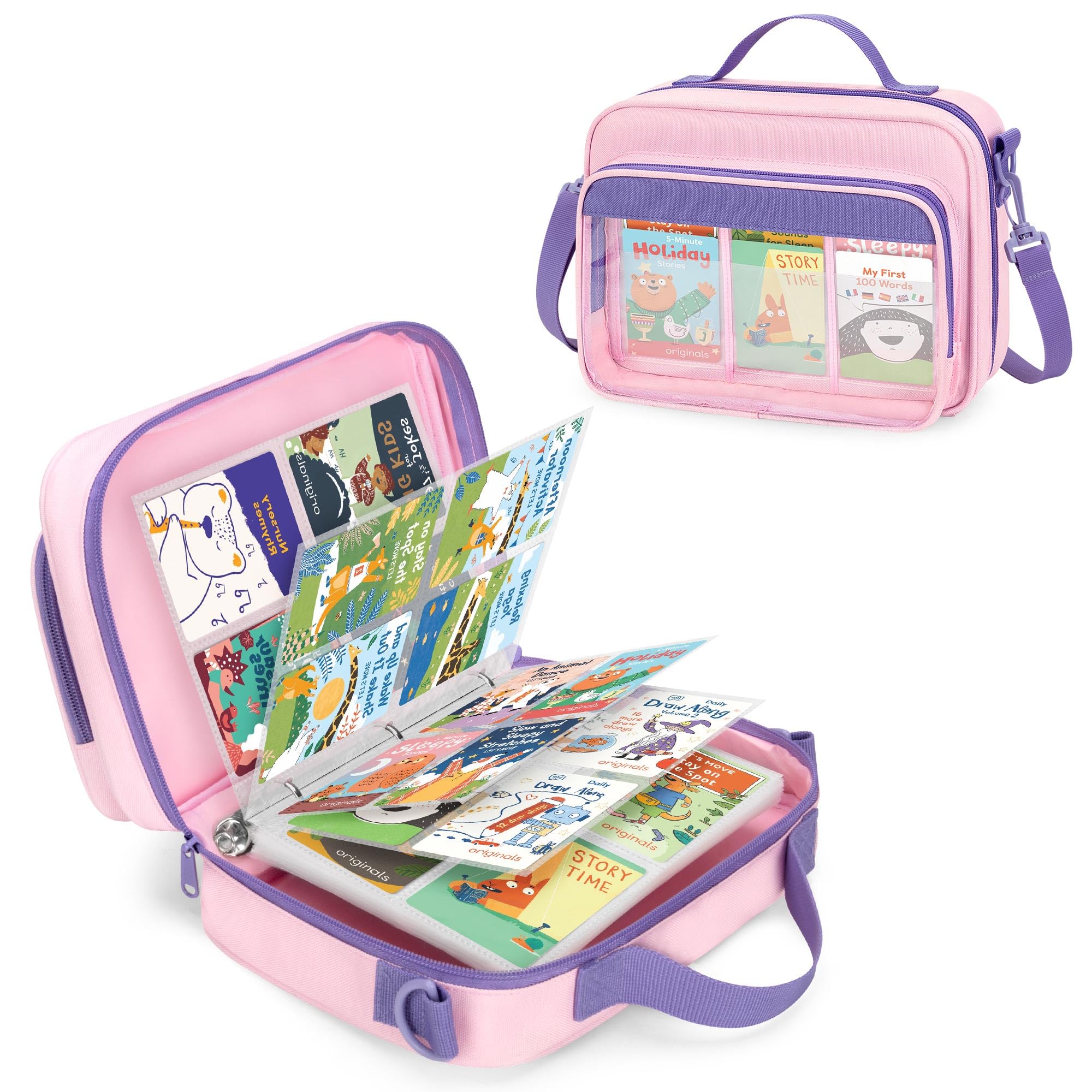LoDrid Pink 4-Pocket Trading Card Binder - Holds 409 Cards, 50 Removable Sleeves, Nylon Case with Shoulder Strap for Travel
