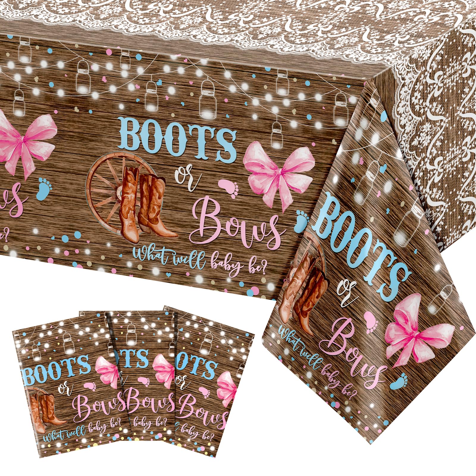 Lofaris 3-Pack Boots or Bows Gender Reveal Tablecloths – Rustic Western Disposable Table Covers, Pink and Blue, 108x54