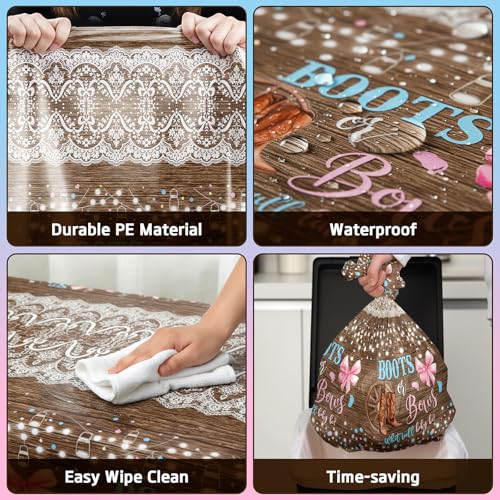 Lofaris 3-Pack Boots or Bows Gender Reveal Tablecloths – Rustic Western Disposable Table Covers, Pink and Blue, 108x54