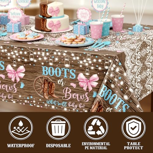 Lofaris 3-Pack Boots or Bows Gender Reveal Tablecloths – Rustic Western Disposable Table Covers, Pink and Blue, 108x54