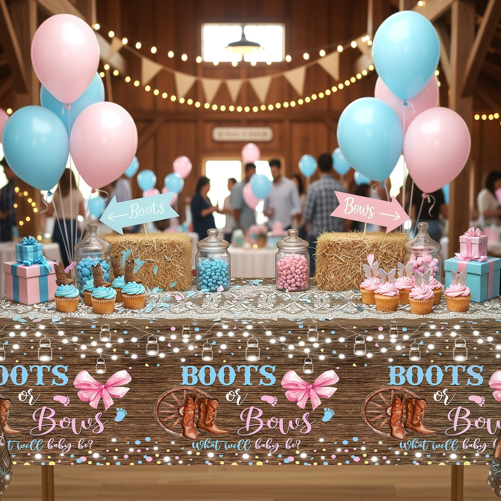 Lofaris 3-Pack Boots or Bows Gender Reveal Tablecloths – Rustic Western Disposable Table Covers, Pink and Blue, 108x54