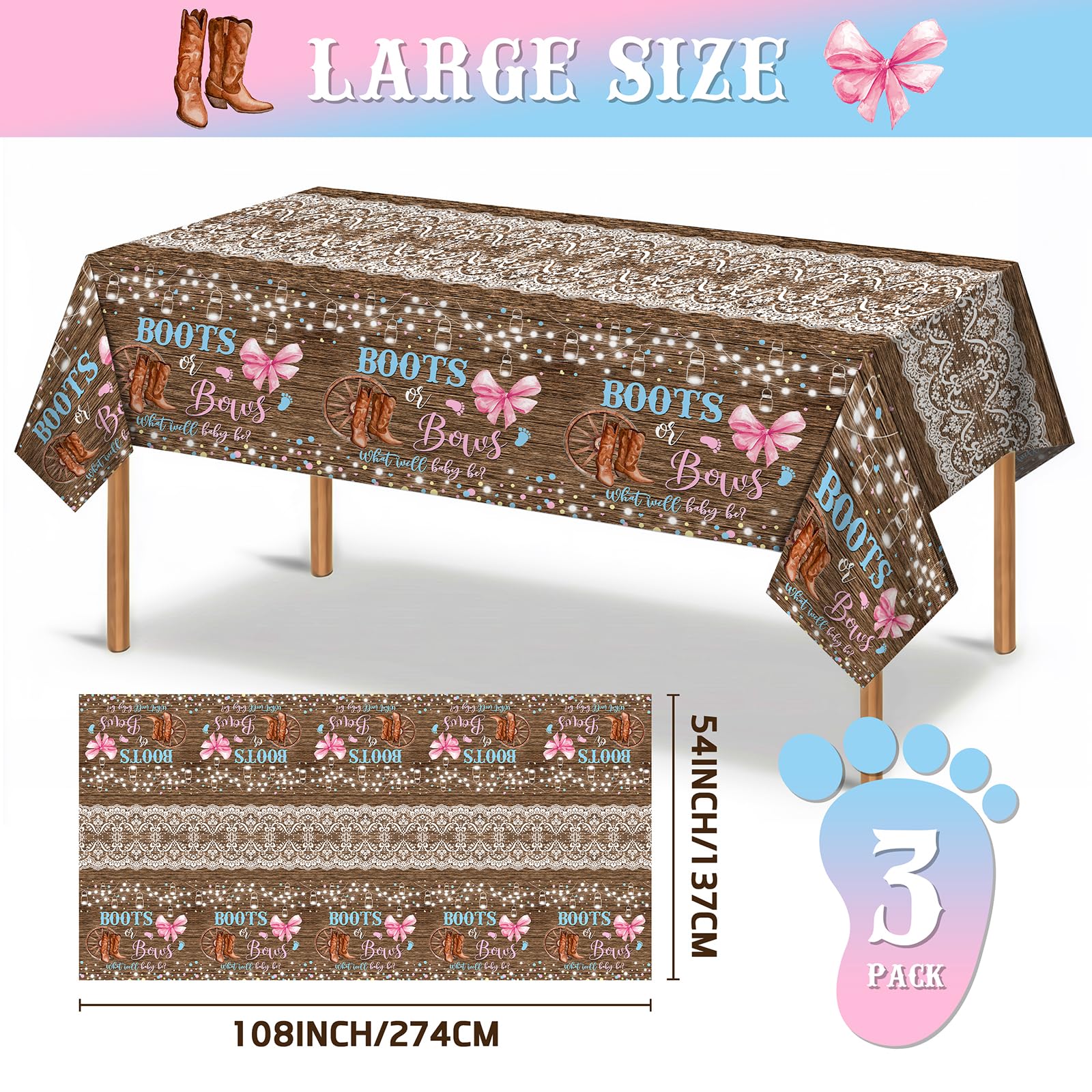 Lofaris 3-Pack Boots or Bows Gender Reveal Tablecloths – Rustic Western Disposable Table Covers, Pink and Blue, 108x54