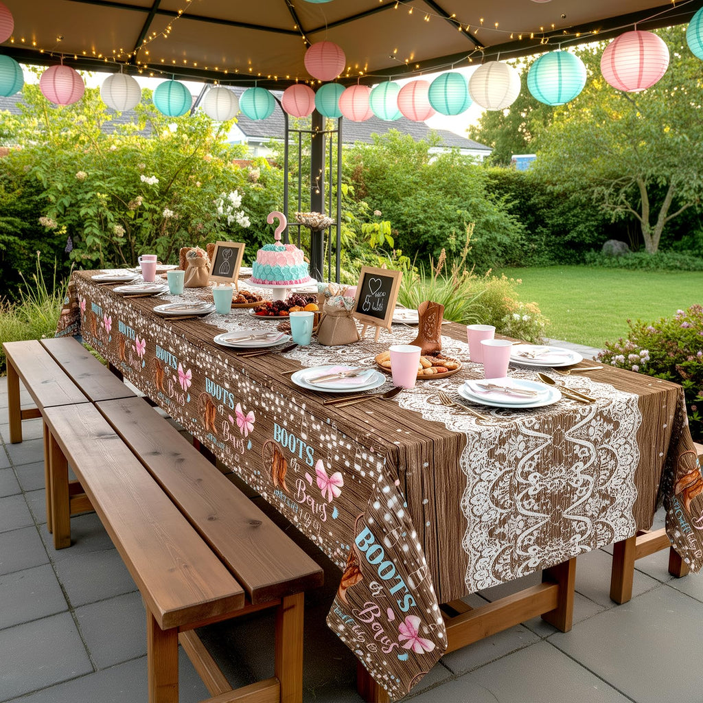 Lofaris 3-Pack Boots or Bows Gender Reveal Tablecloths – Rustic Western Disposable Table Covers, Pink and Blue, 108x54