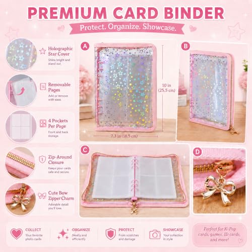 Loiuvos Pink 4-Pocket Card Binder – Holds 400 Cards, Transparent Cover with Laser Star Design, Includes 20 Stickers