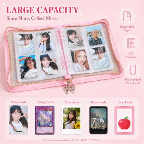 Loiuvos Pink 4-Pocket Card Binder – Holds 400 Cards, Transparent Cover with Laser Star Design, Includes 20 Stickers