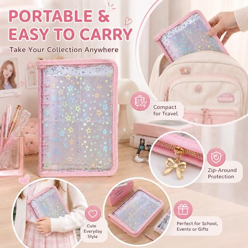 Loiuvos Pink 4-Pocket Card Binder – Holds 400 Cards, Transparent Cover with Laser Star Design, Includes 20 Stickers