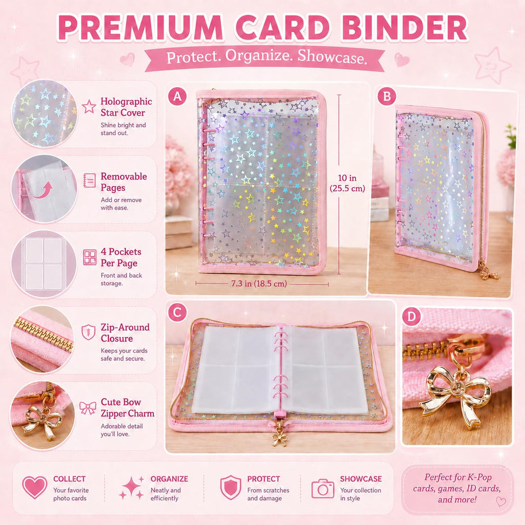 Loiuvos Pink 4-Pocket Card Binder – Holds 400 Cards, Transparent Cover with Laser Star Design, Includes 20 Stickers