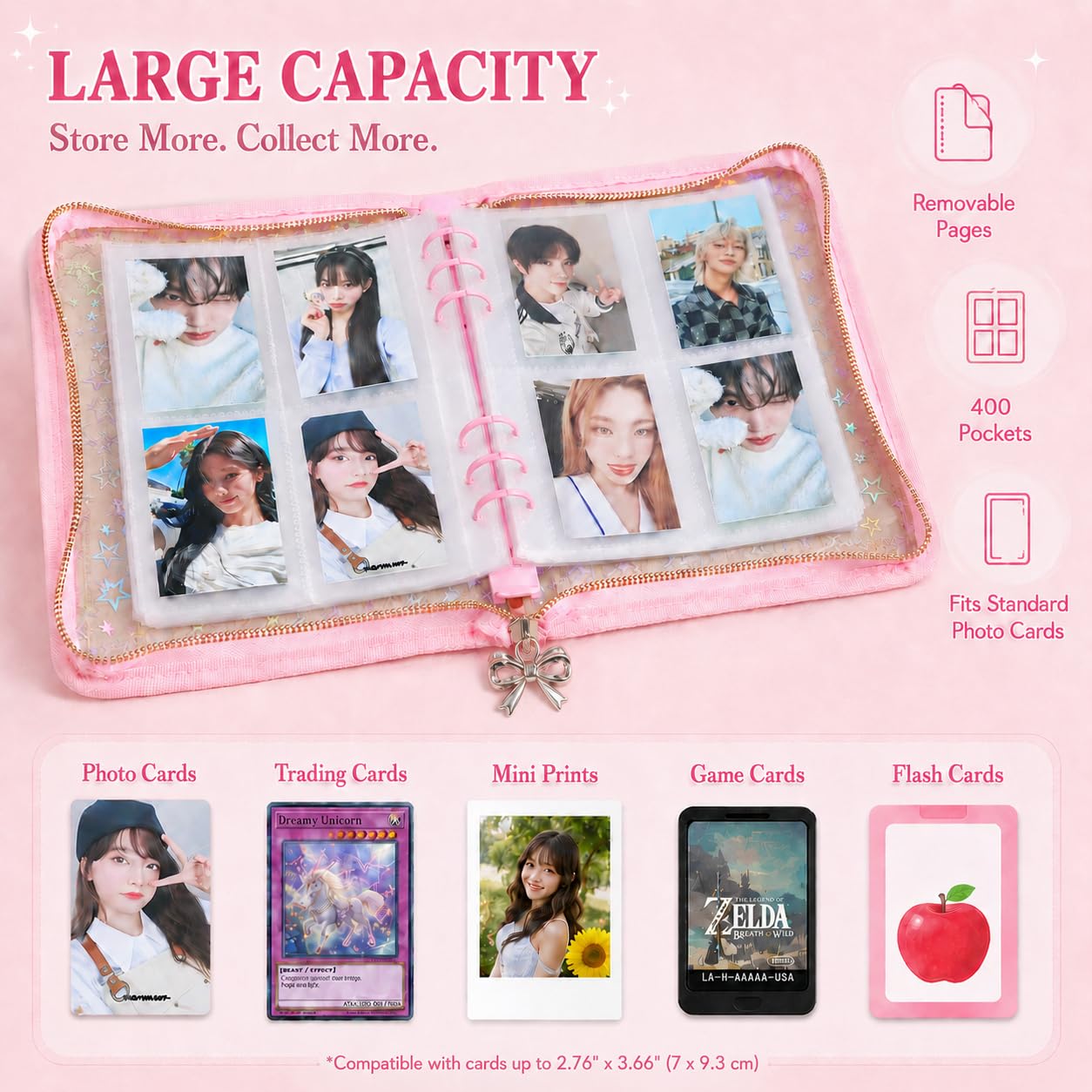 Loiuvos Pink 4-Pocket Card Binder – Holds 400 Cards, Transparent Cover with Laser Star Design, Includes 20 Stickers