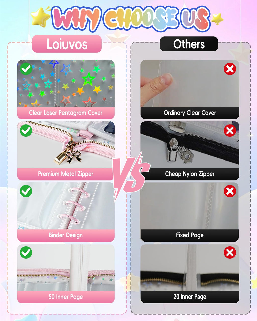 Loiuvos Pink 4-Pocket Card Binder – Holds 400 Cards, Transparent Cover with Laser Star Design, Includes 20 Stickers