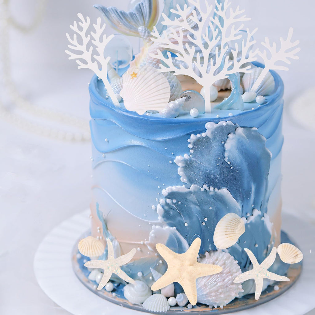 LOIYSHINE 20-Piece Sea Shell Cake Decorations Set - Under the Sea Theme with Starfish, Coral, and Natural Shells for Birthday Parties, Baby Showers, Weddings