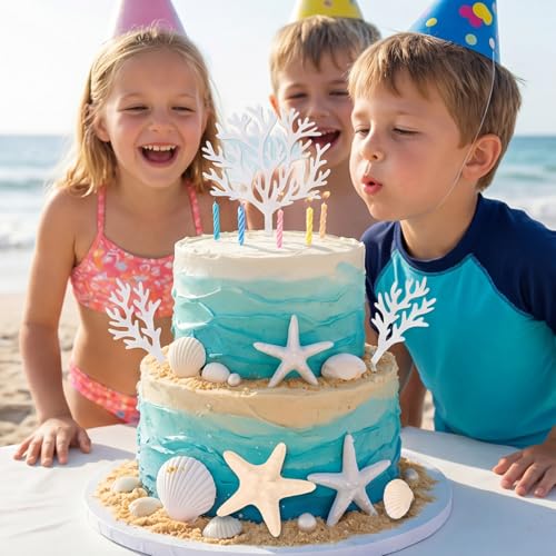 LOIYSHINE 20-Piece Sea Shell Cake Decorations Set - Under the Sea Theme with Starfish, Coral, and Natural Shells for Birthday Parties, Baby Showers, Weddings